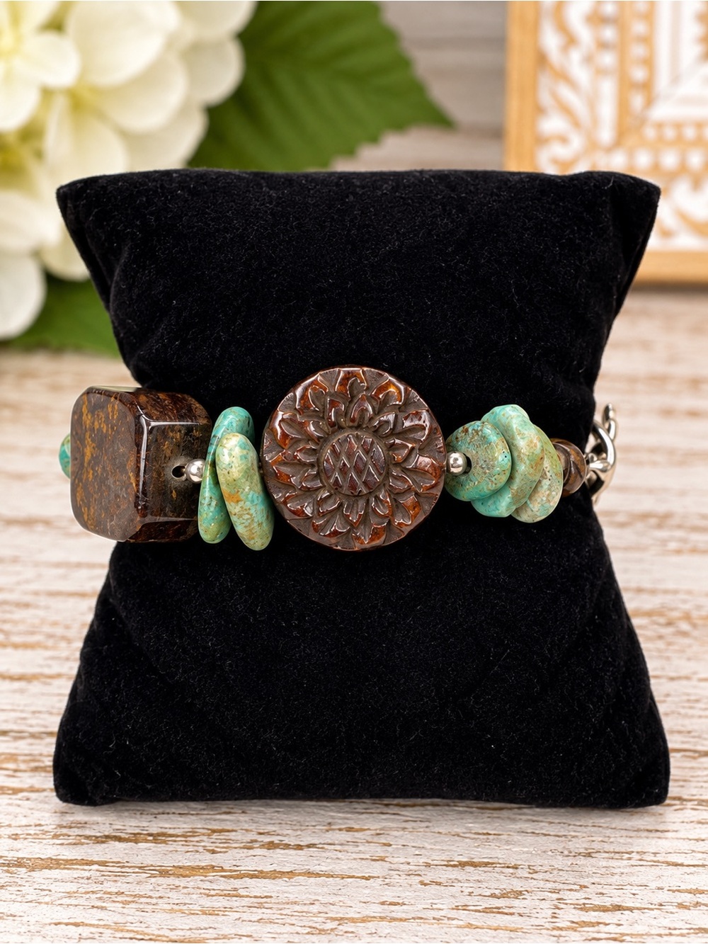 Barse Sterling Silver Multi Gemstone Carved Sunflower Toggle Bracelet